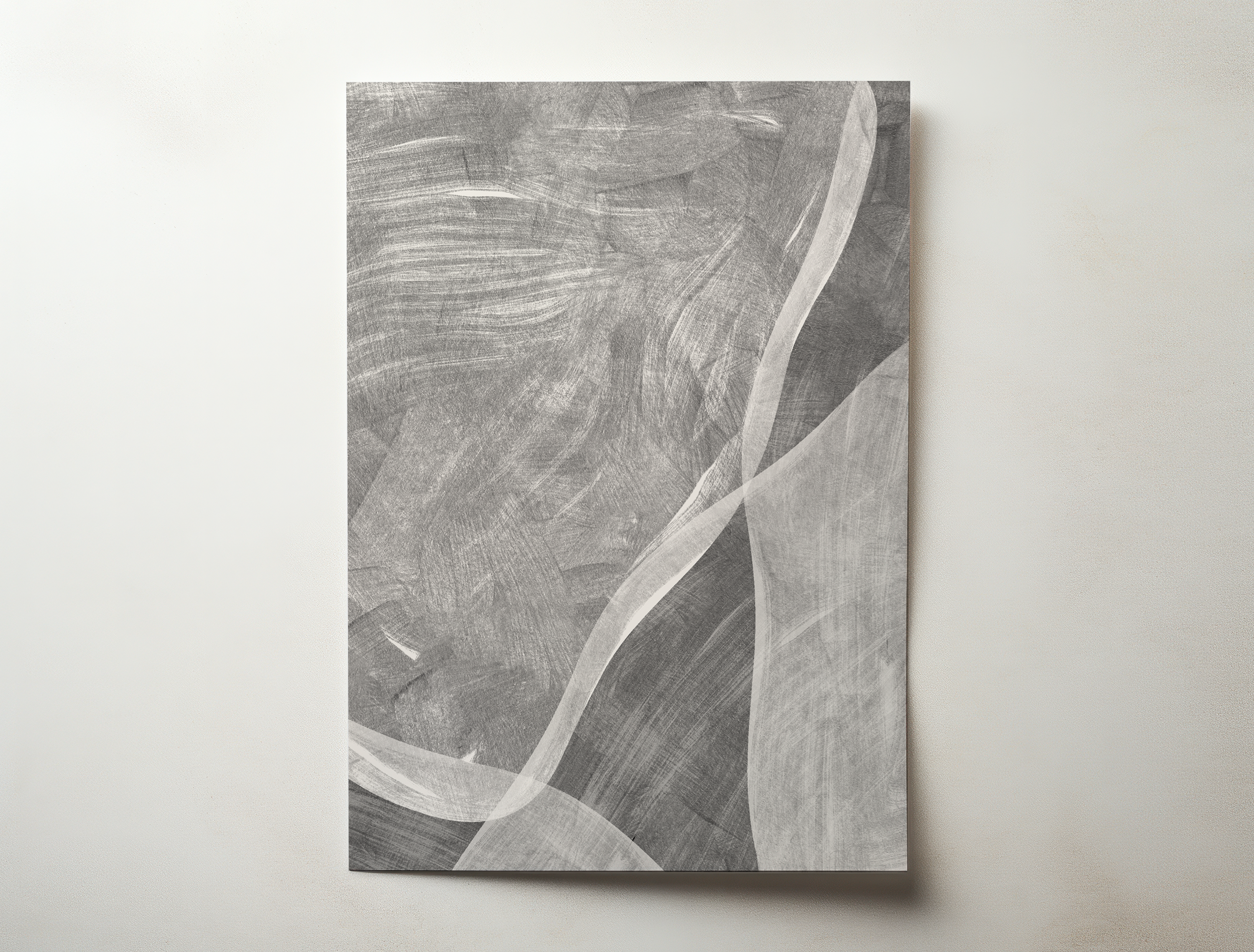 Minimalist abstract wall art print with soft flowing shapes and layered neutral textures, titled Mova.