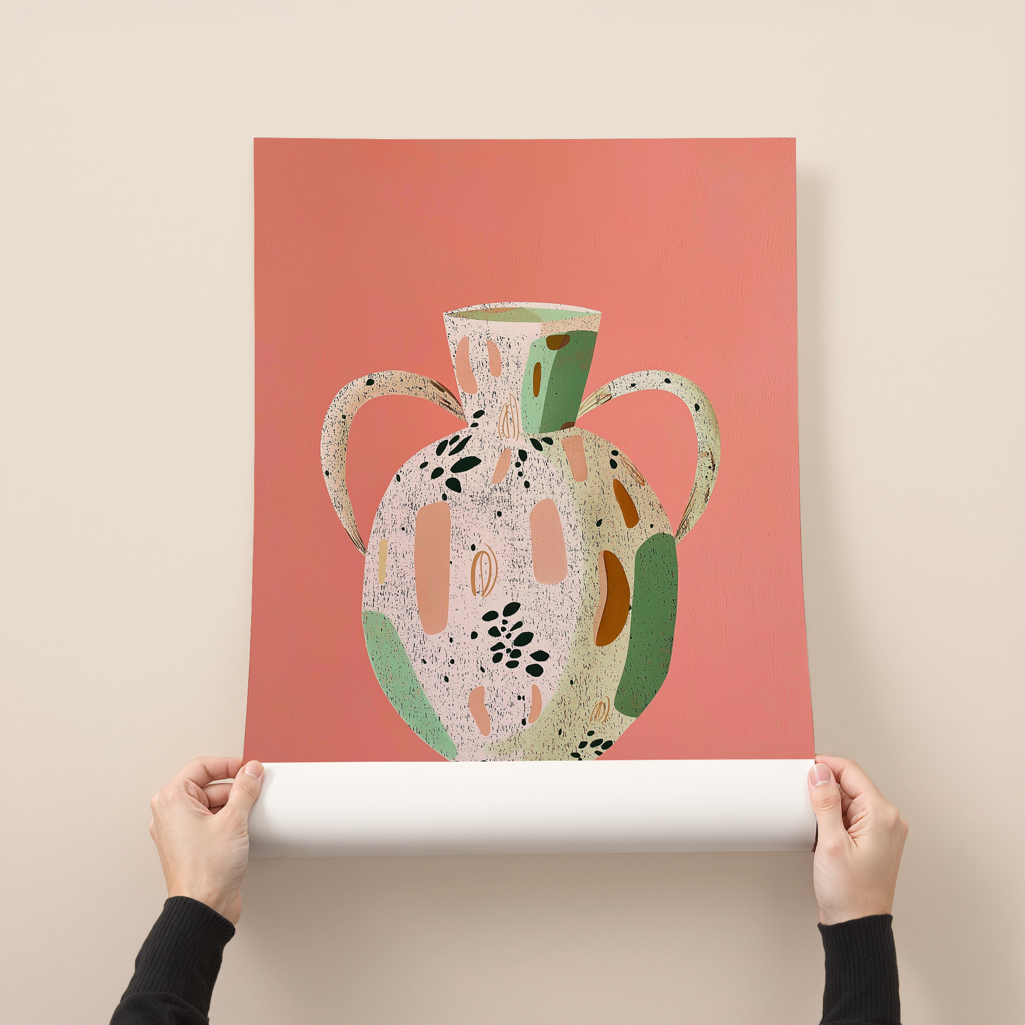 Mirova art print featuring a modern illustration of a ceramic vessel with terrazzo textures and warm earthy colors