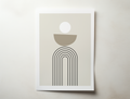Minimalist abstract wall art print with geometric shapes, black arch lines, and soft neutral tones.