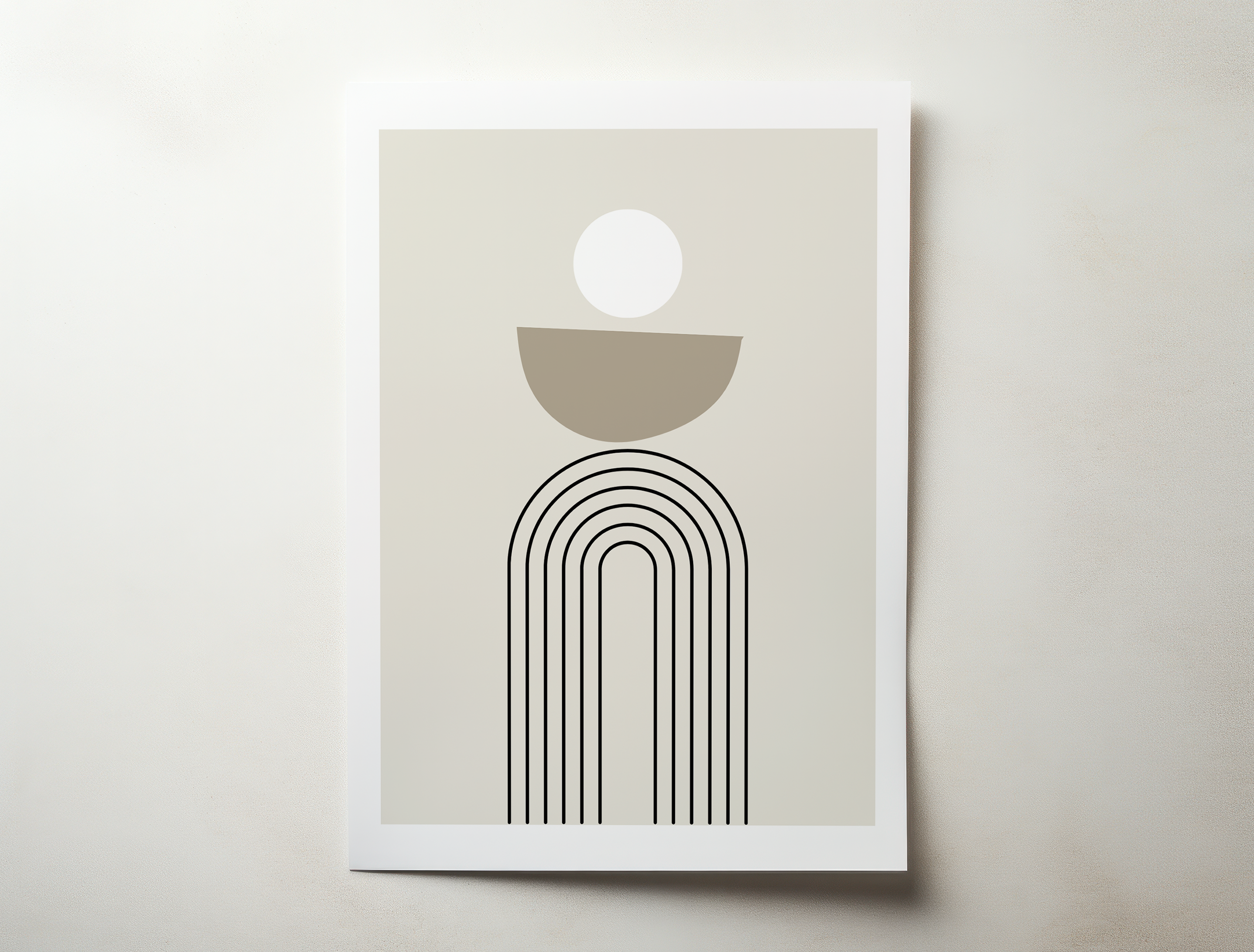 Minimalist abstract wall art print with geometric shapes, black arch lines, and soft neutral tones.