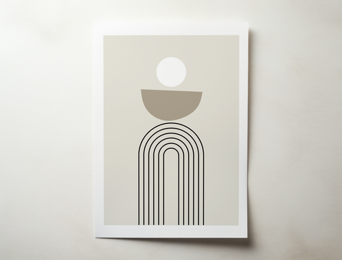 Minimalist abstract wall art print with geometric shapes, black arch lines, and soft neutral tones.