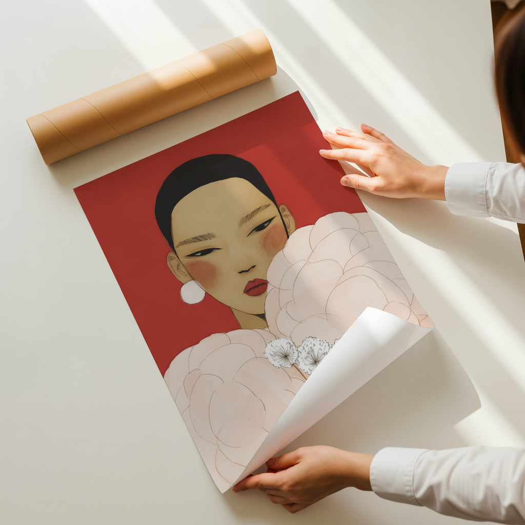 Naomi portrait wall art print showing an elegant woman illustration with floral elements and a bold red background