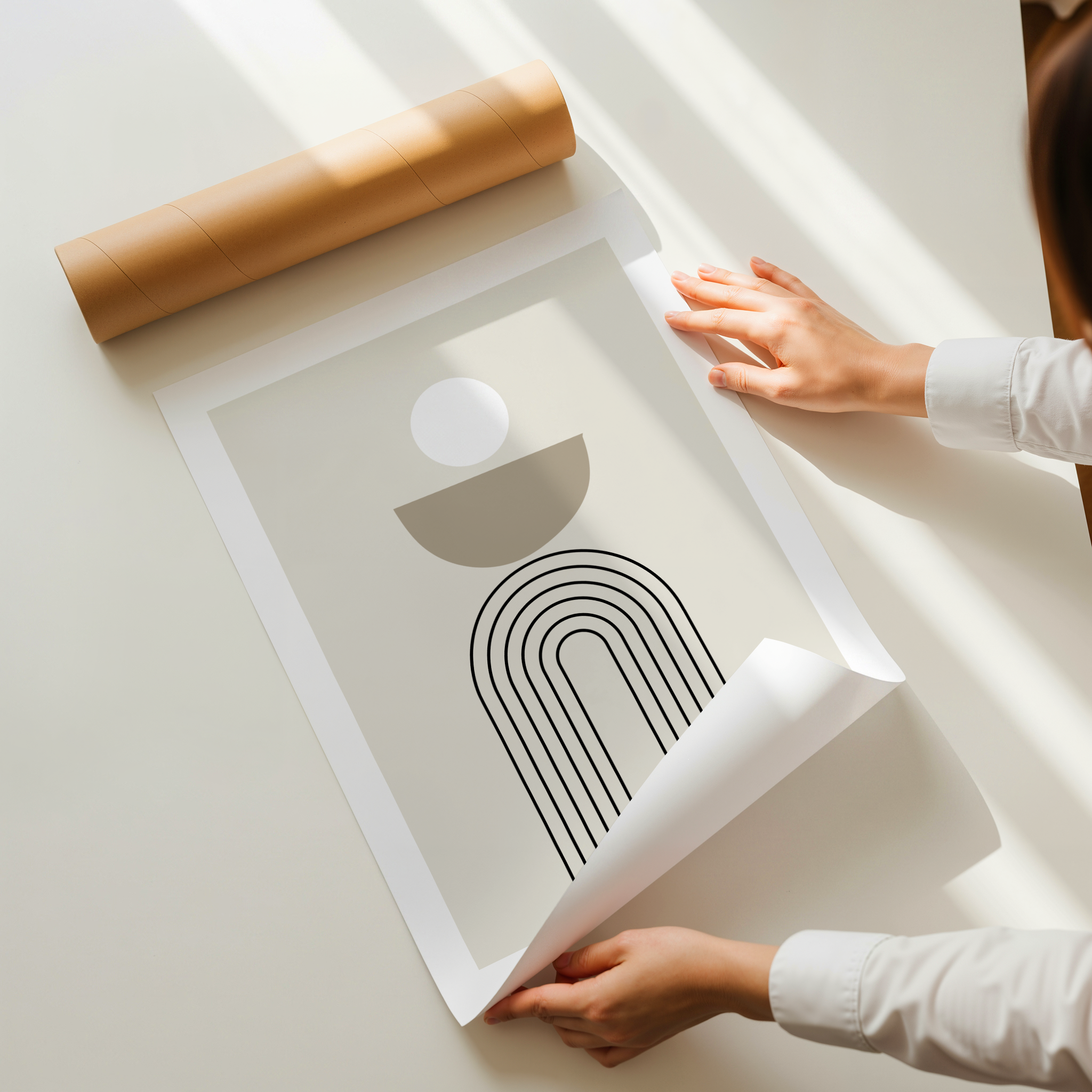 Minimalist abstract wall art print with geometric shapes, black arch lines, and soft neutral tones.