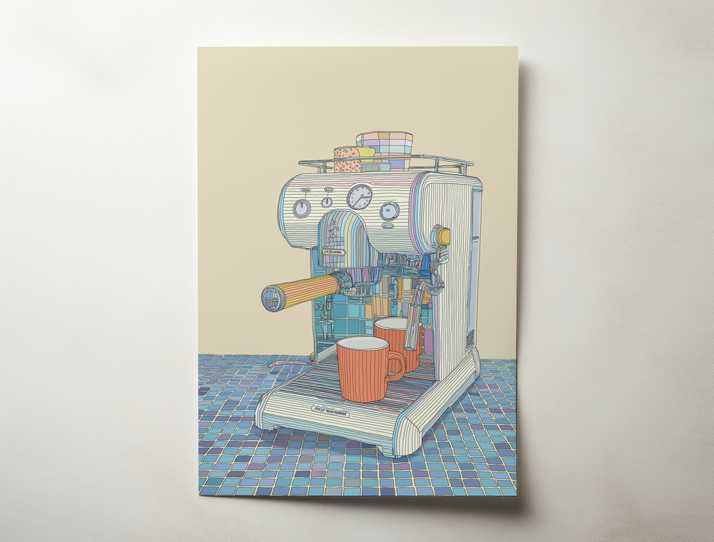 Barista Moment illustration wall art print showing a retro espresso machine brewing two cups of coffee on a tiled counter