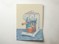 Barista Moment illustration wall art print showing a retro espresso machine brewing two cups of coffee on a tiled counter