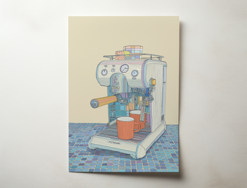 Barista Moment illustration wall art print showing a retro espresso machine brewing two cups of coffee on a tiled counter