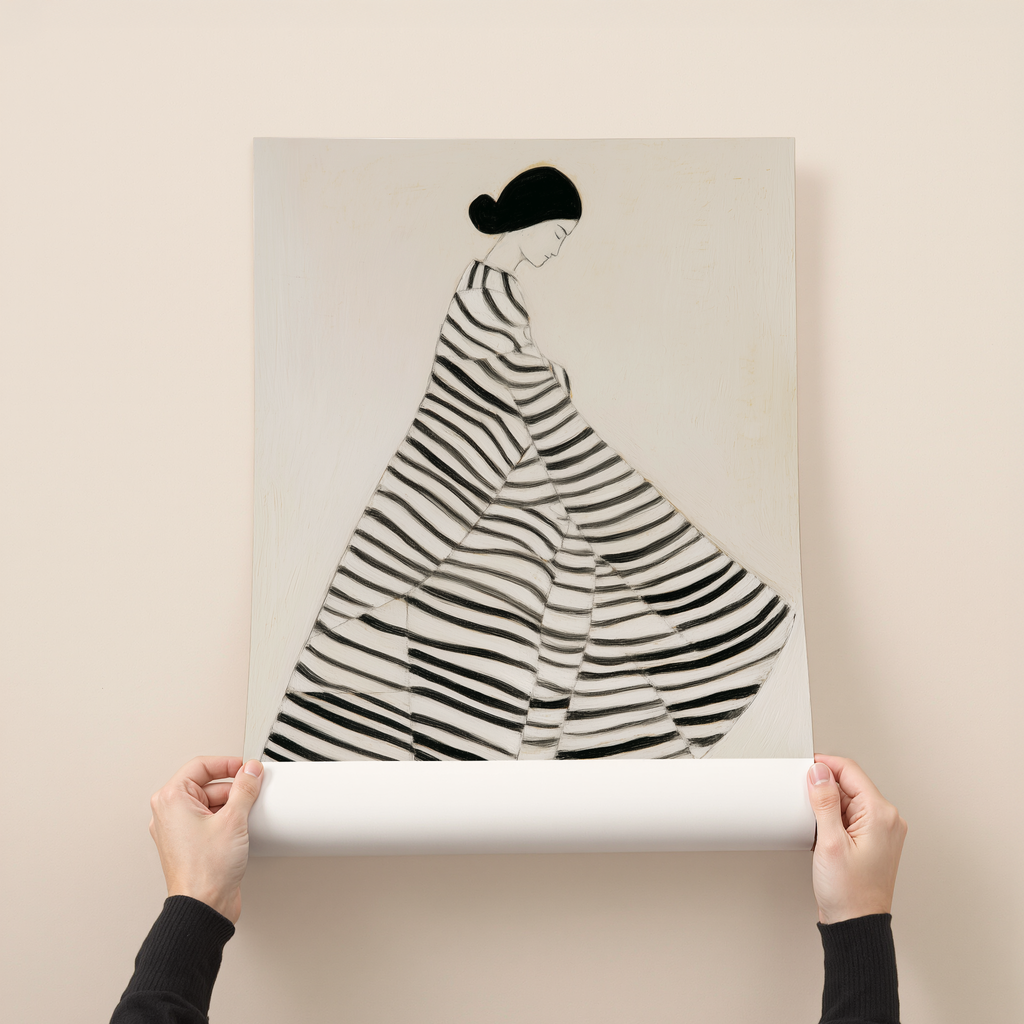 Minimal black and white figurative art print of a woman in a flowing striped dress
