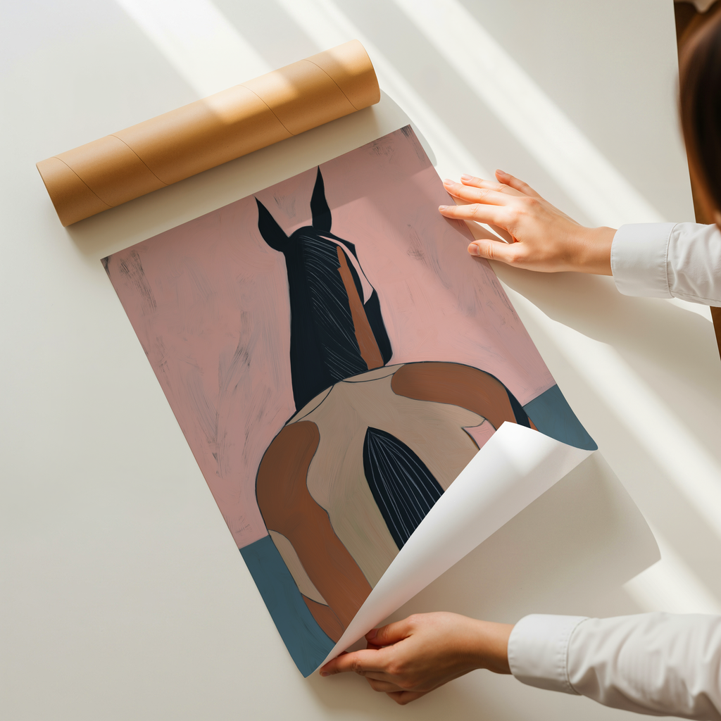 Minimalist horse silhouette art print viewed from behind in blush pink and earthy brown tones on a textured background