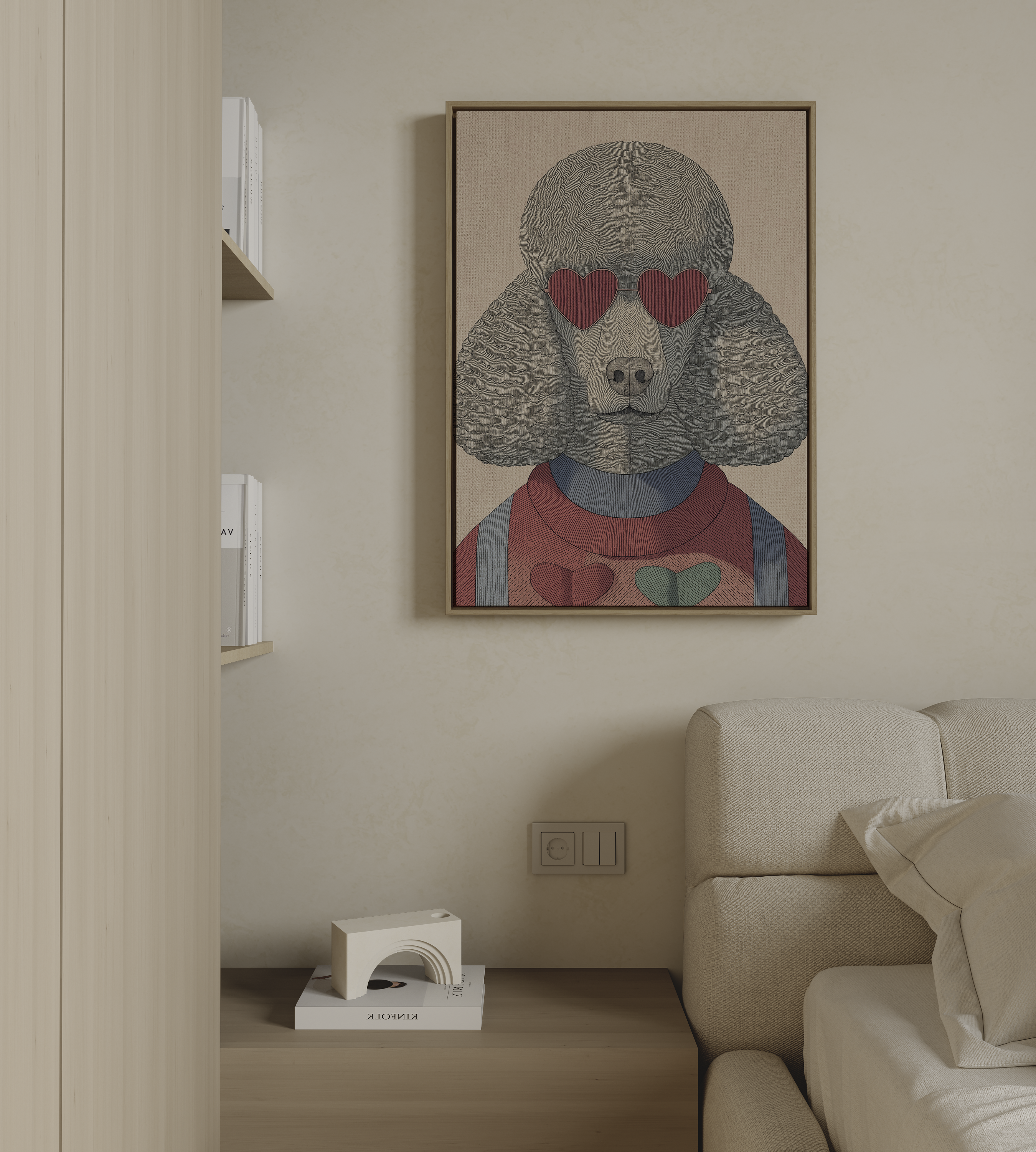 Stylish dog wall art with poodle wearing heart-shaped sunglasses