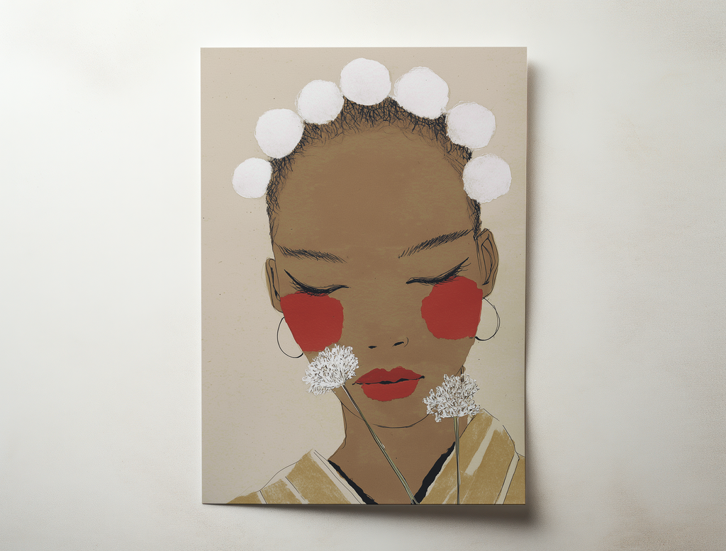Minimalist feminine art print featuring a serene illustrated portrait with red cheeks and soft floral details in neutral tones