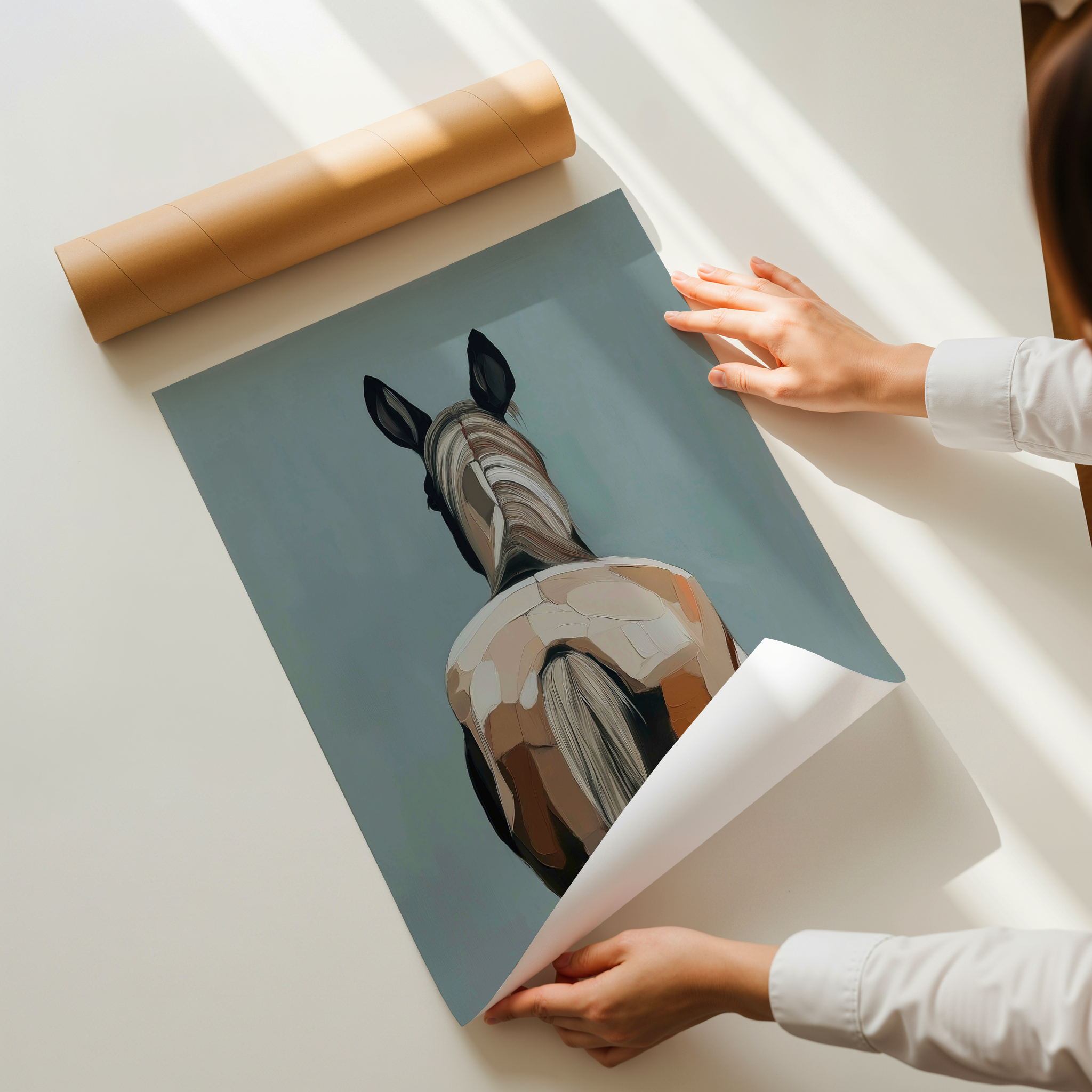 Minimalist horse portrait art print viewed from behind with soft brown and cream tones on a blue grey background