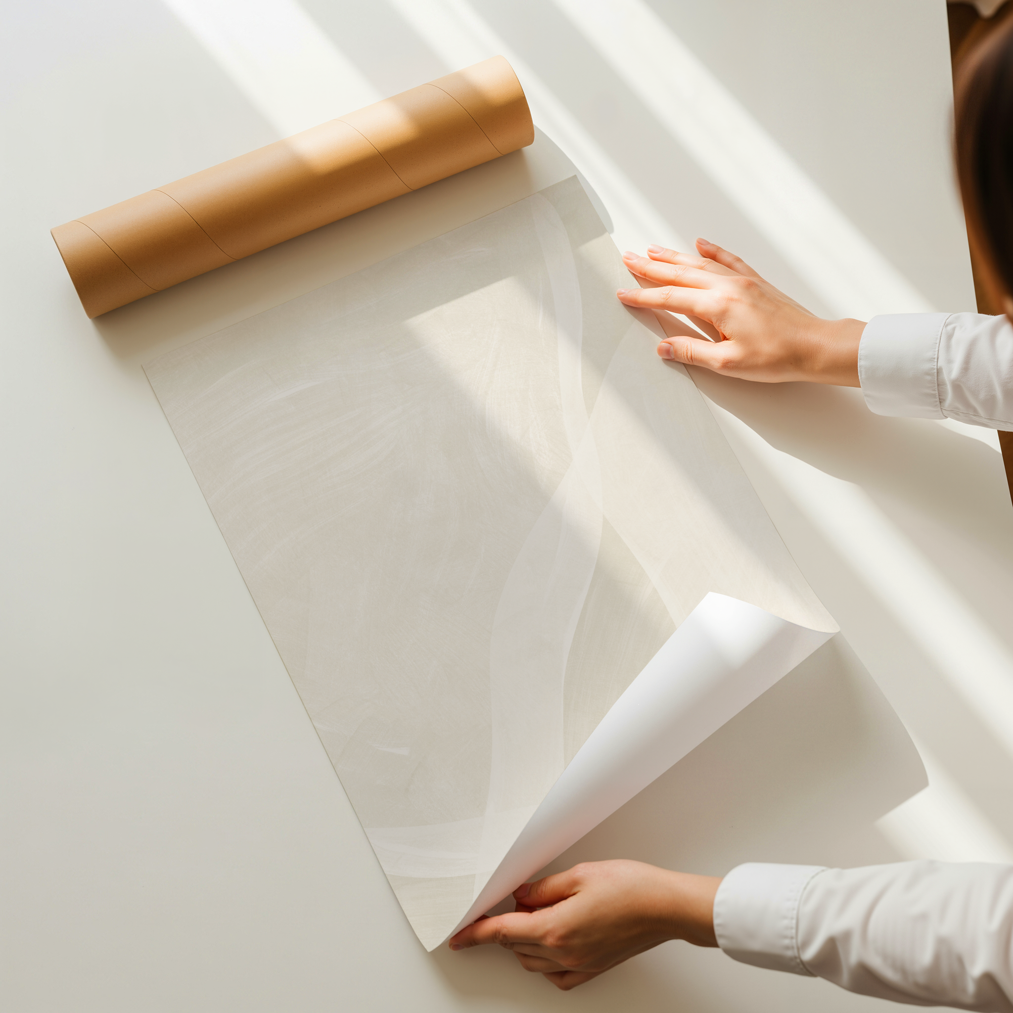 Minimal abstract art print with soft flowing shapes in neutral beige and off-white tones, modern and calming wall art.