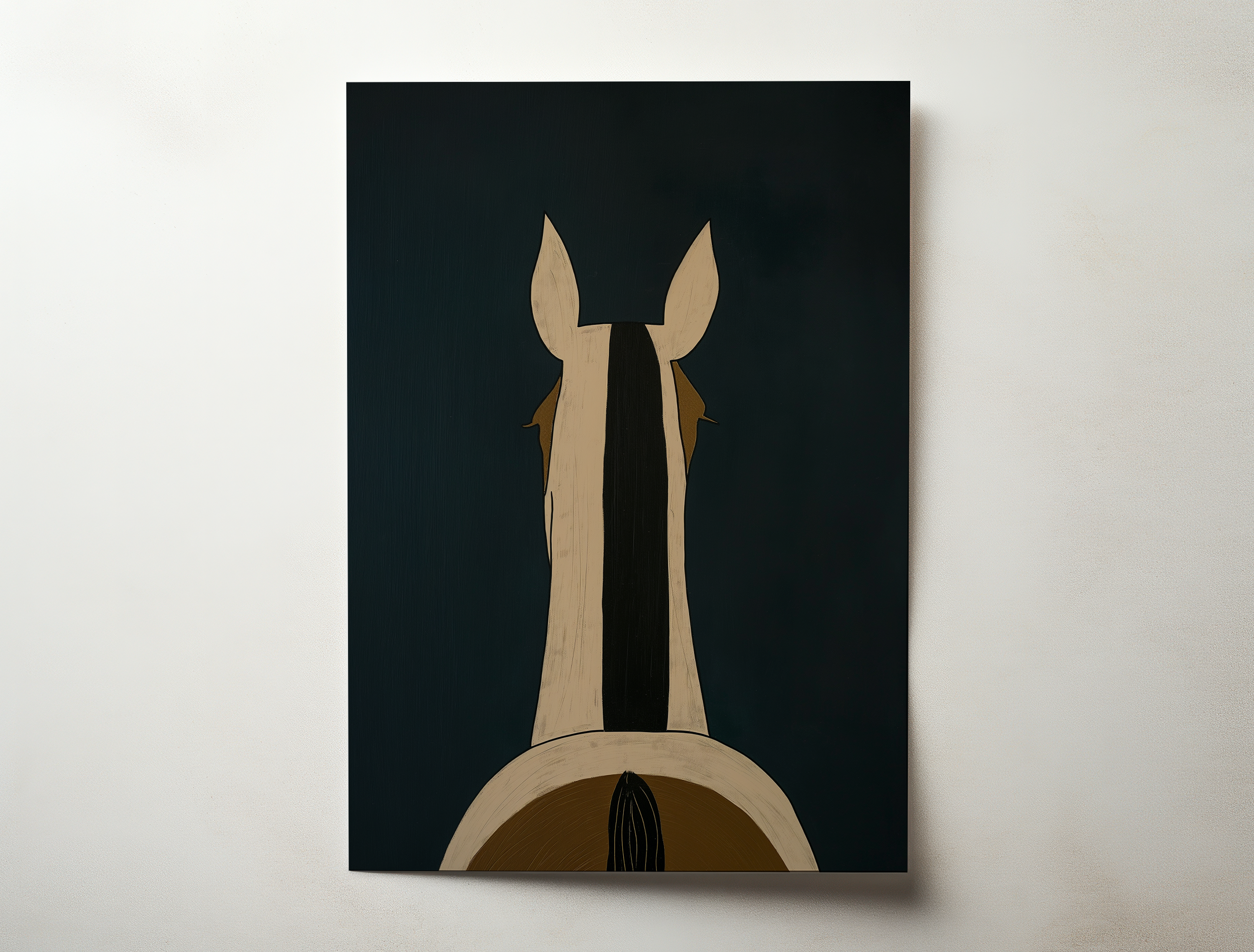 Minimalist horse silhouette art print in beige and black on a dark background with strong contrast
