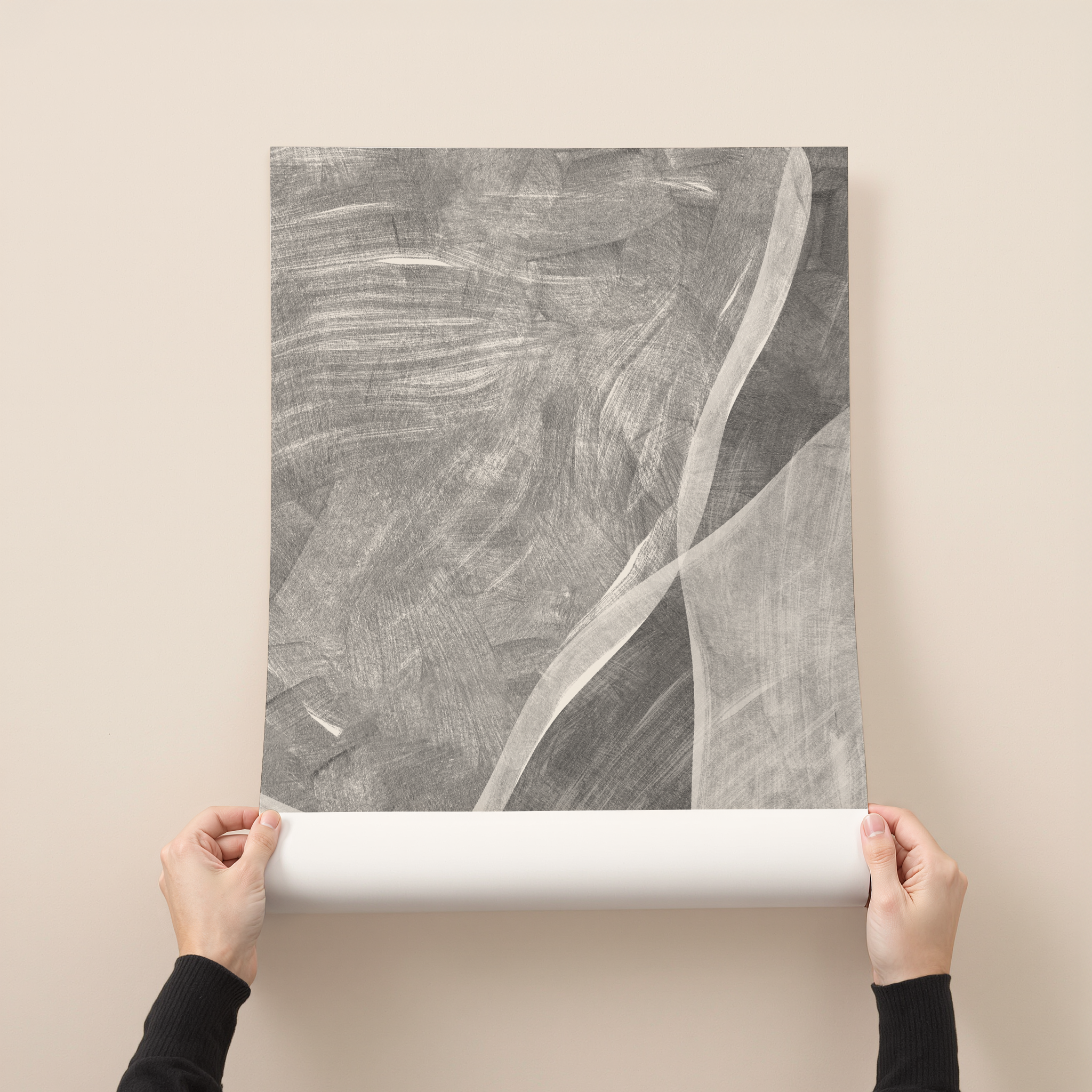 Minimalist abstract wall art print with soft flowing shapes and layered neutral textures, titled Mova.