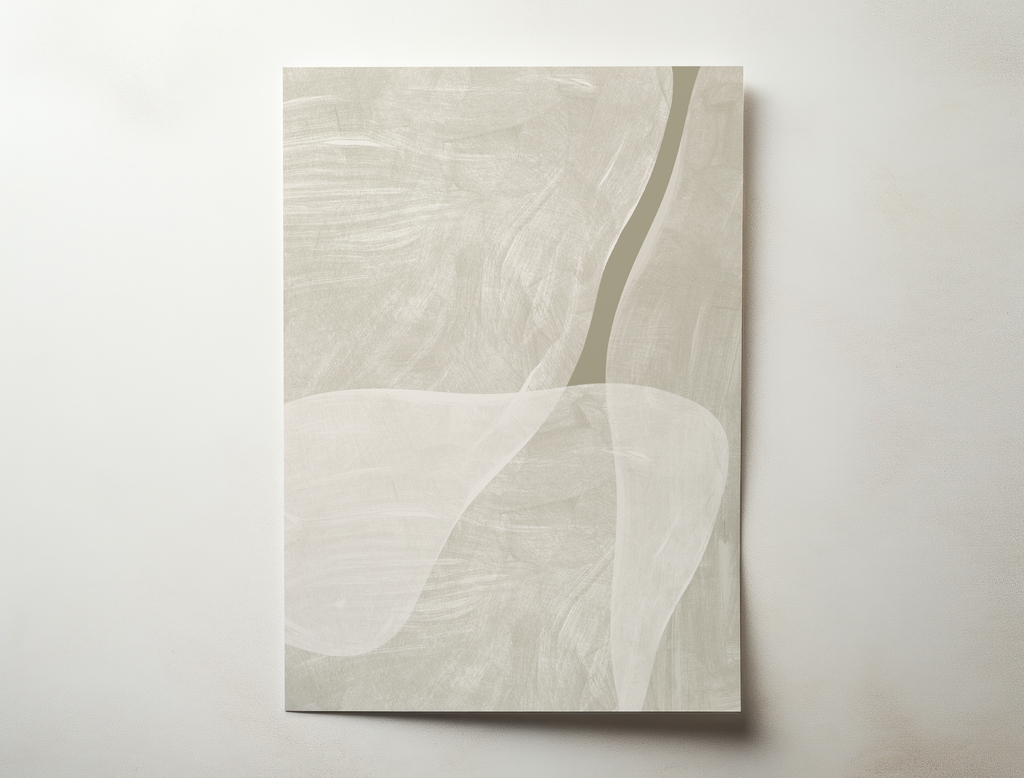 Minimal abstract wall art in soft beige and sage tones with flowing organic shapes.
