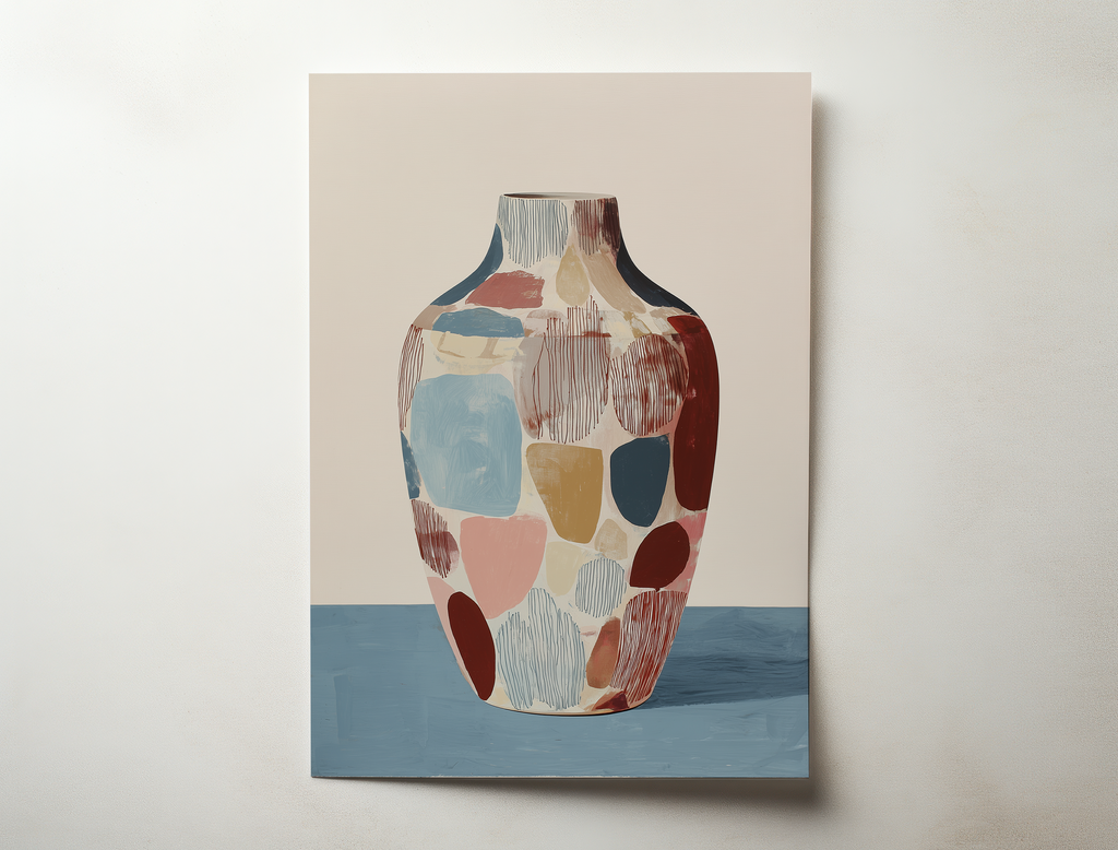 Abstract ceramic vase art print in earthy tones displayed as modern kitchen wall decor