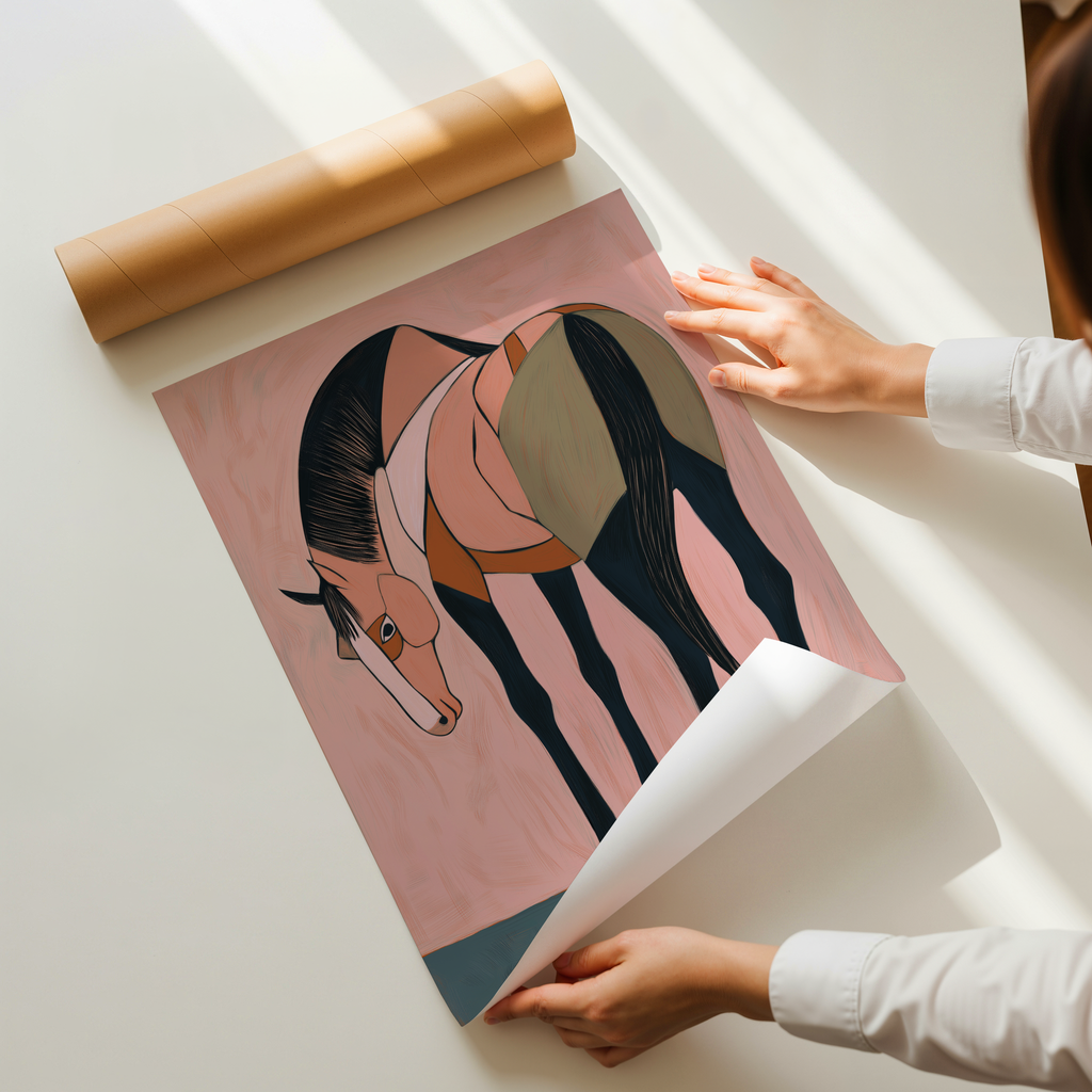 Minimalist horse illustration with head lowered in warm brown and blush tones on a textured background