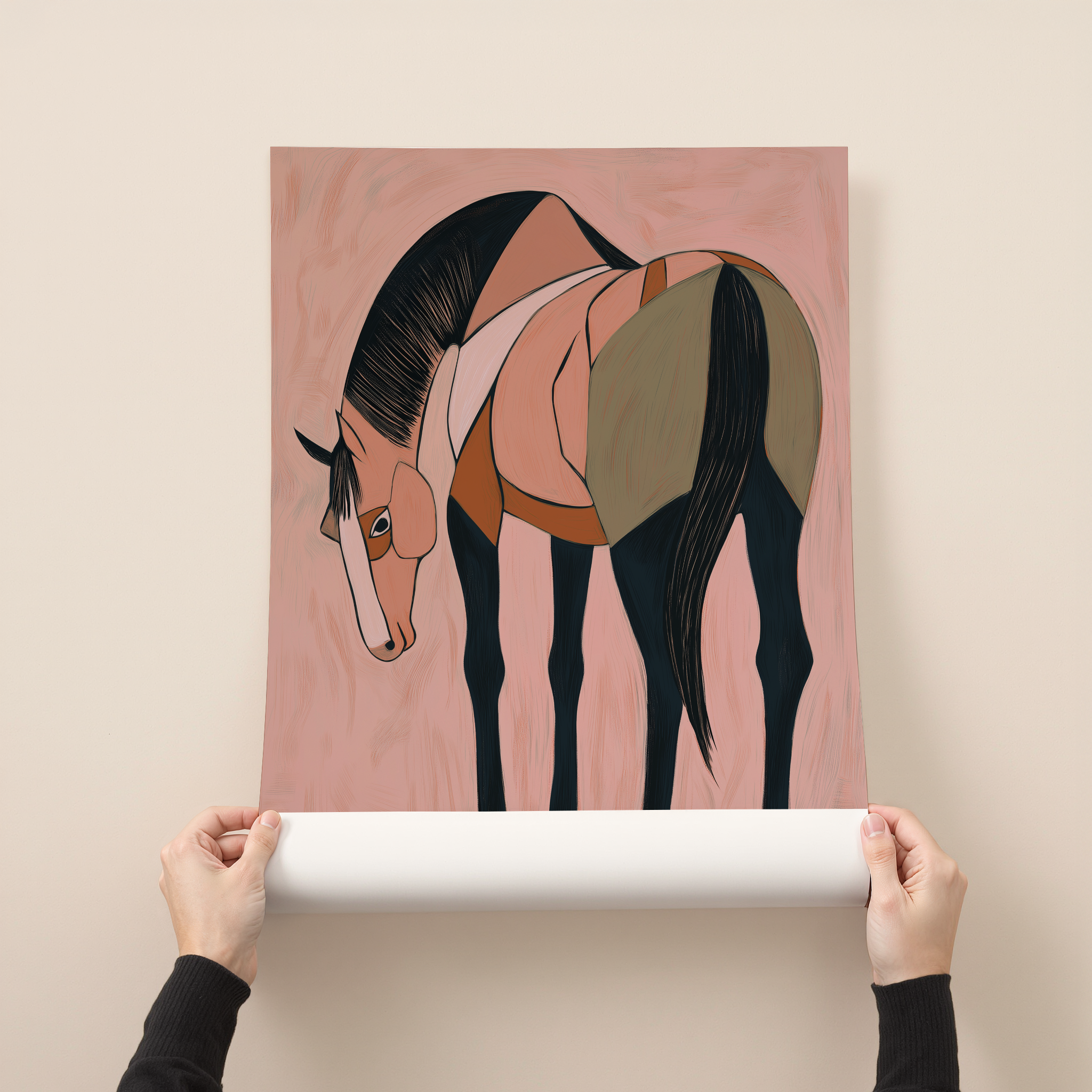 Minimalist horse illustration with head lowered in warm brown and blush tones on a textured background