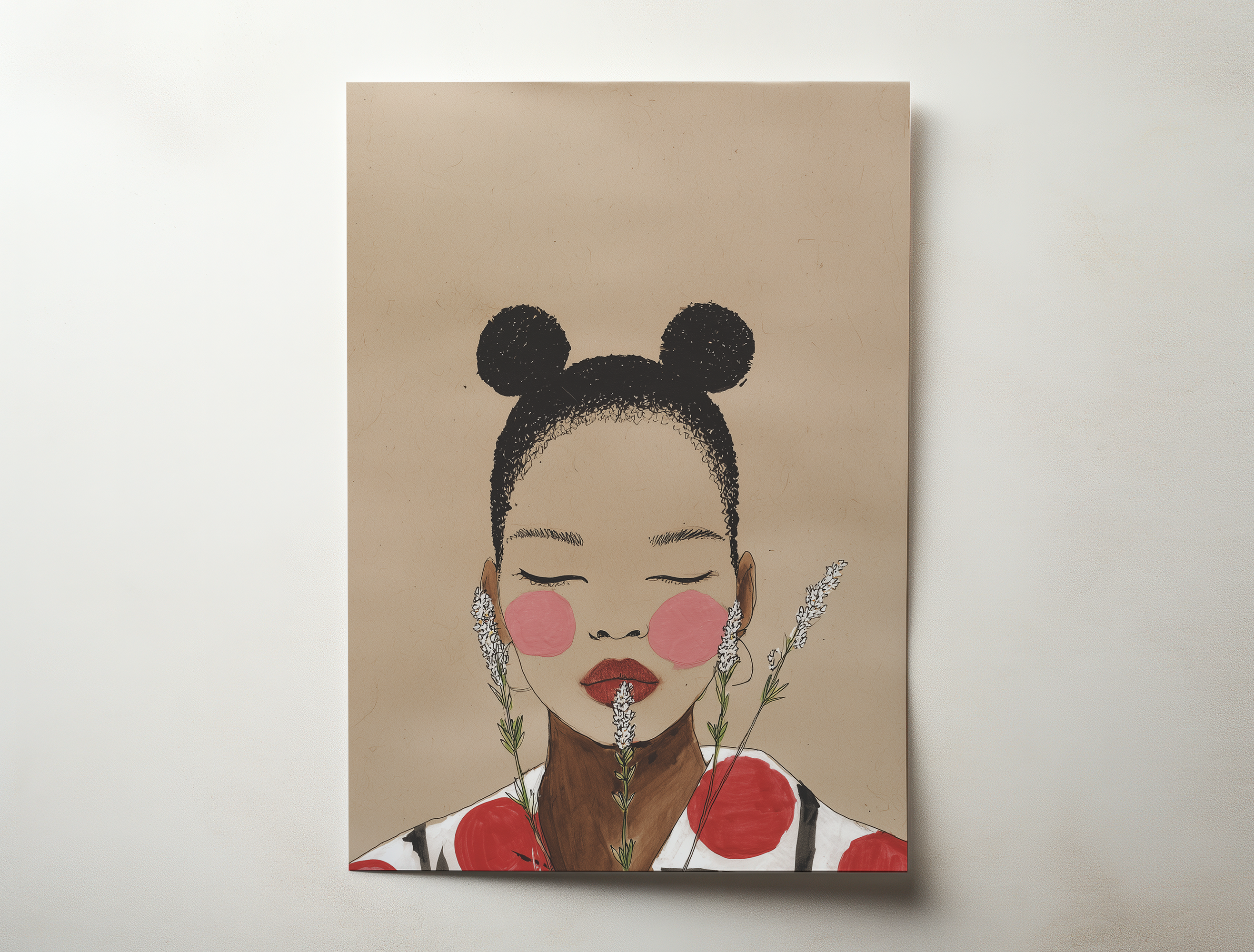 Minimal figurative art print of a serene female portrait with closed eyes, floral elements, and soft neutral tones