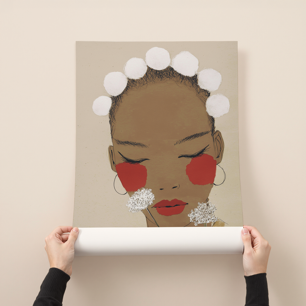 Minimalist feminine art print featuring a serene illustrated portrait with red cheeks and soft floral details in neutral tones