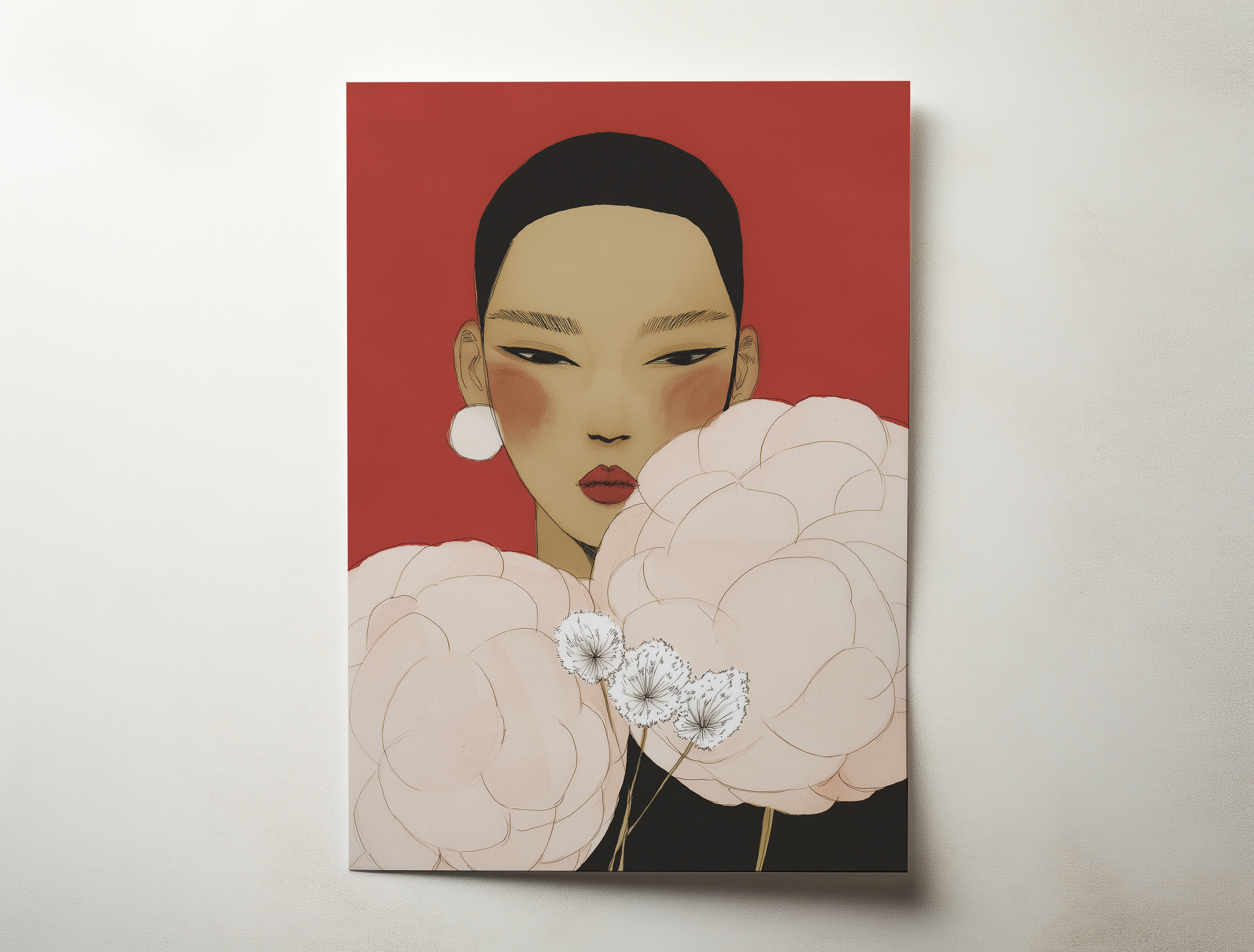 Naomi portrait wall art print showing an elegant woman illustration with floral elements and a bold red background