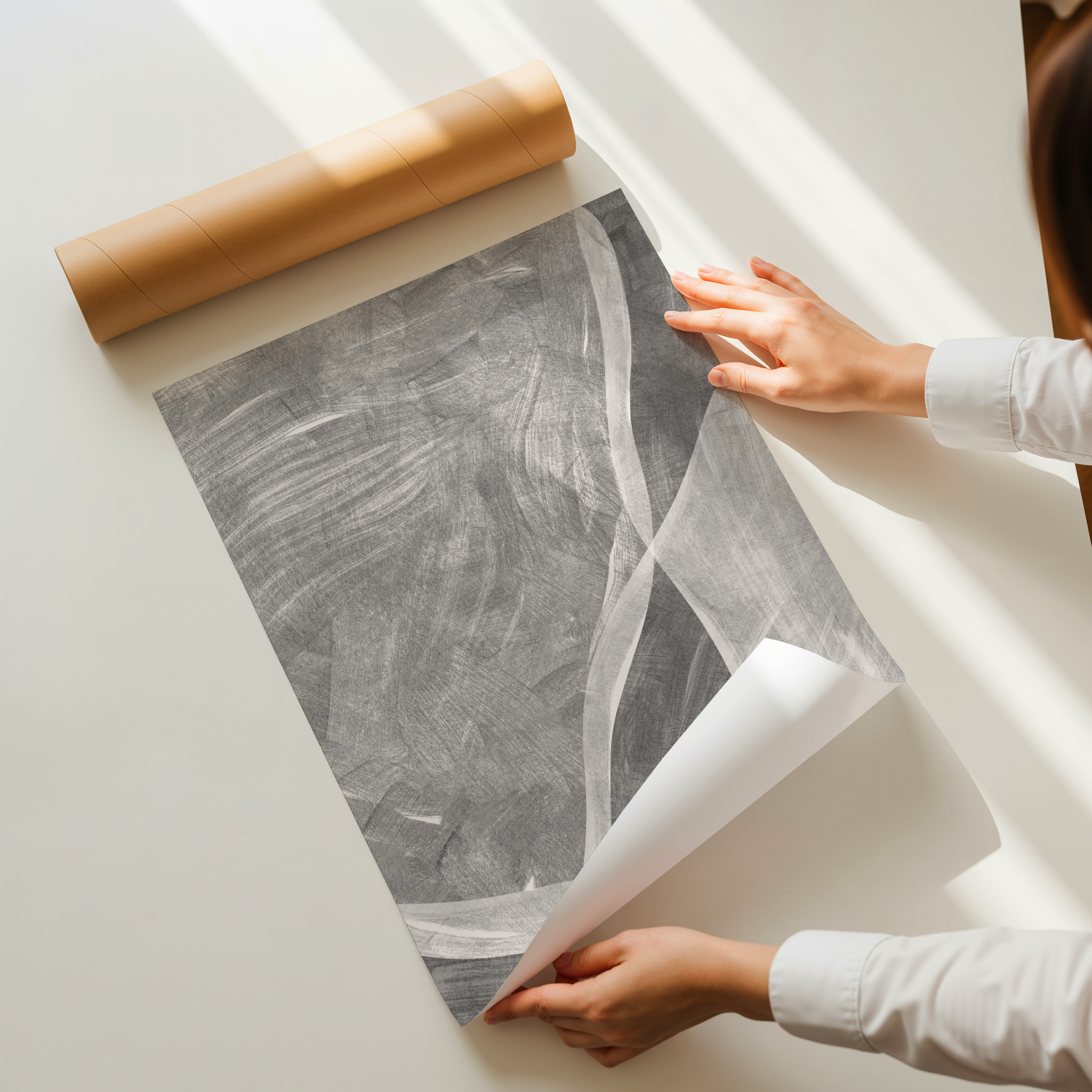 Minimalist abstract wall art print with soft flowing shapes and layered neutral textures, titled Mova.