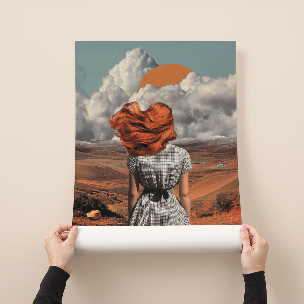 Aurelia desert portrait wall art showing a woman with flowing red hair standing in a vast desert landscape beneath dramatic clouds and a rising sun