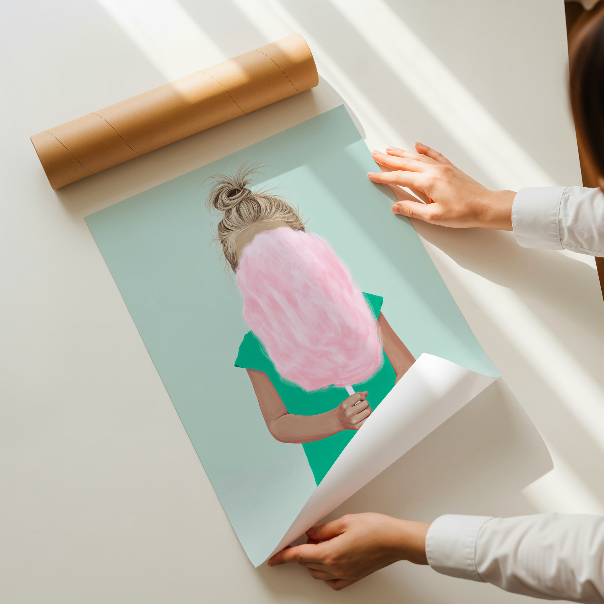 Modern figurative art print of a woman holding pink cotton candy, illustrated in soft pastel tones on a mint background.