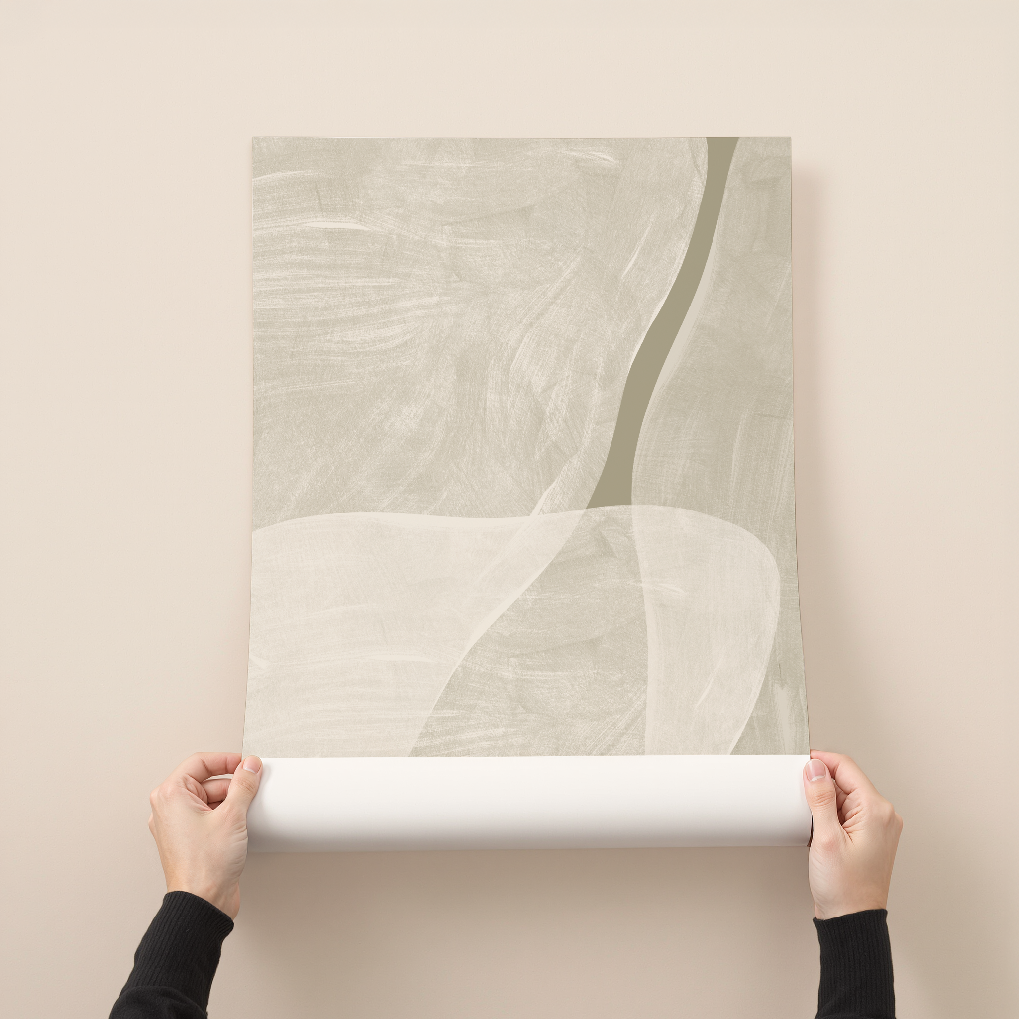 Minimal abstract wall art in soft beige and sage tones with flowing organic shapes.