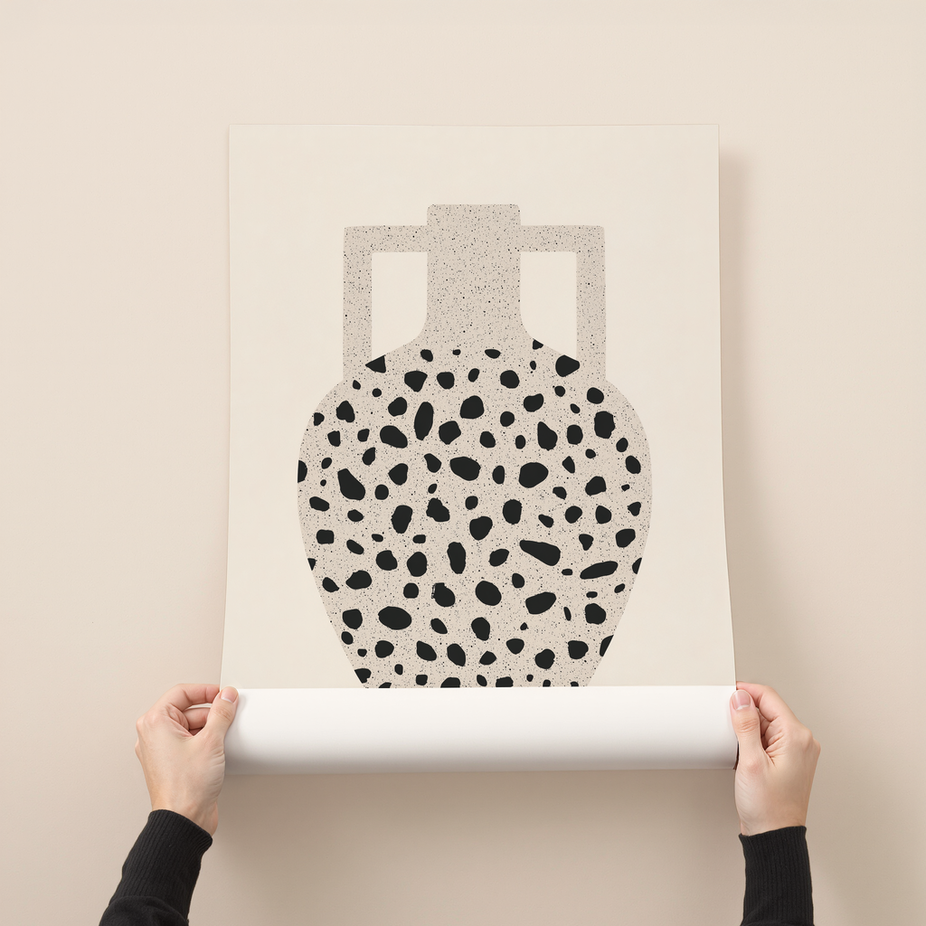 Minimalist terrazzo vase art print in black and white with neutral background
