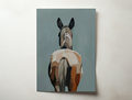 Minimalist horse portrait art print viewed from behind with soft brown and cream tones on a blue grey background