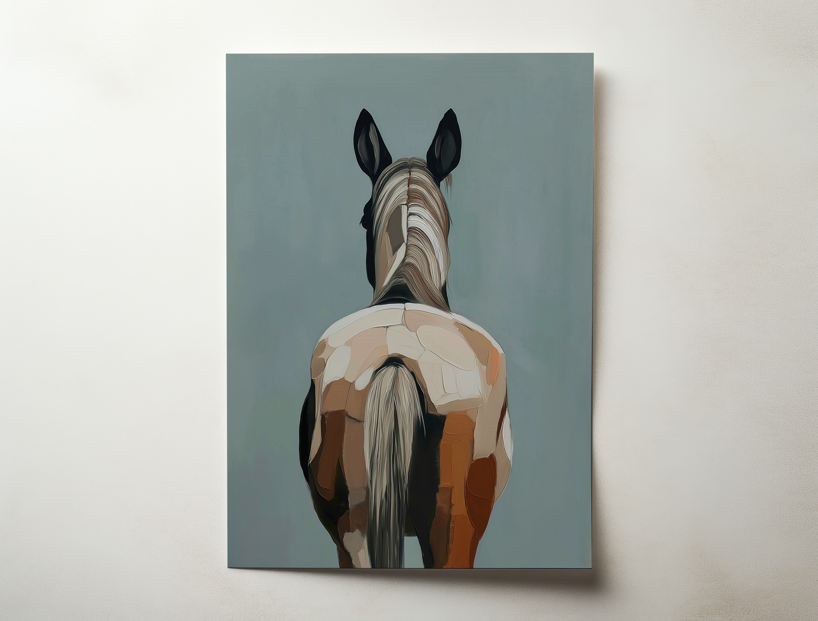 Minimalist horse portrait art print viewed from behind with soft brown and cream tones on a blue grey background