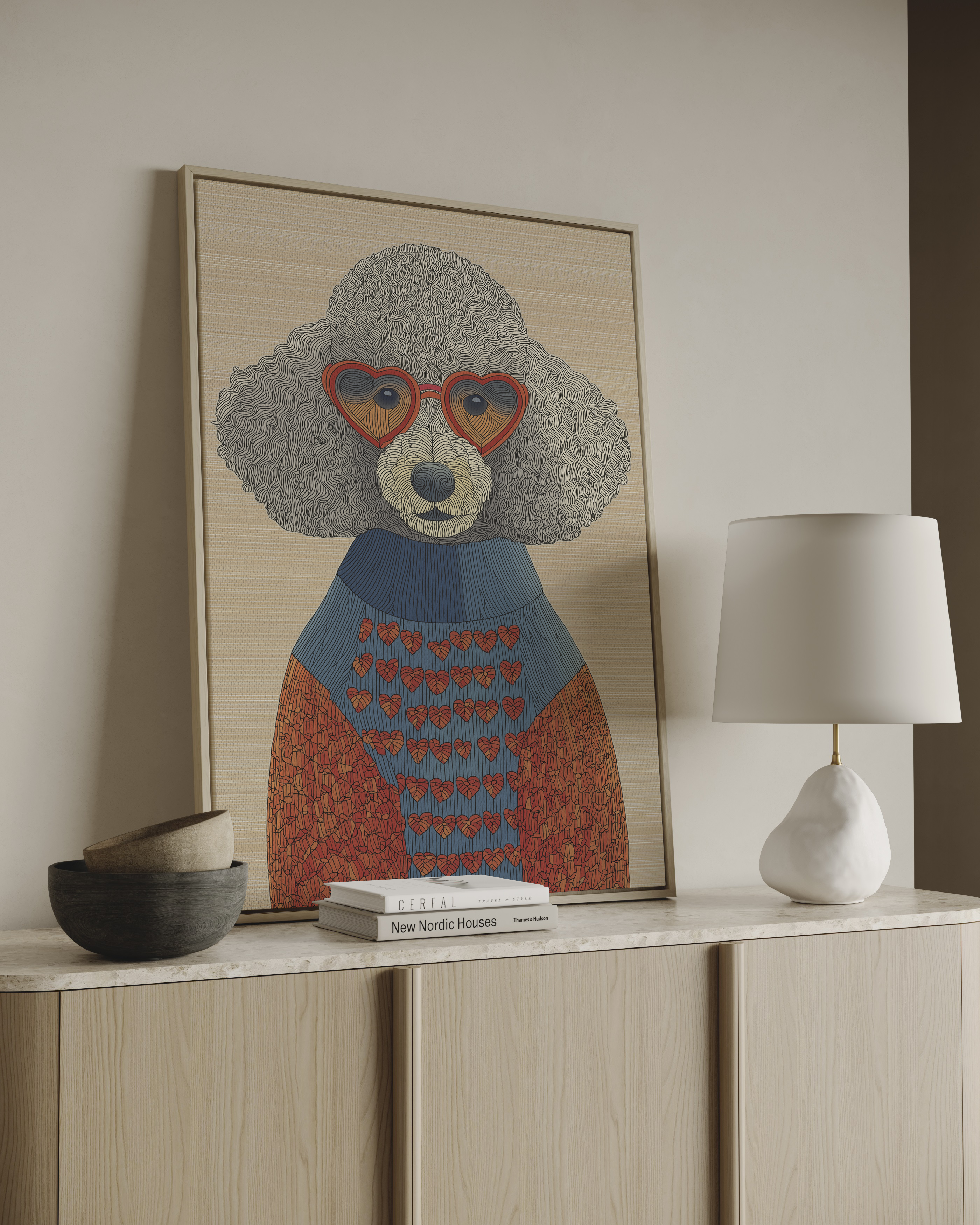 Cute poodle wall art with heart-shaped sunglasses