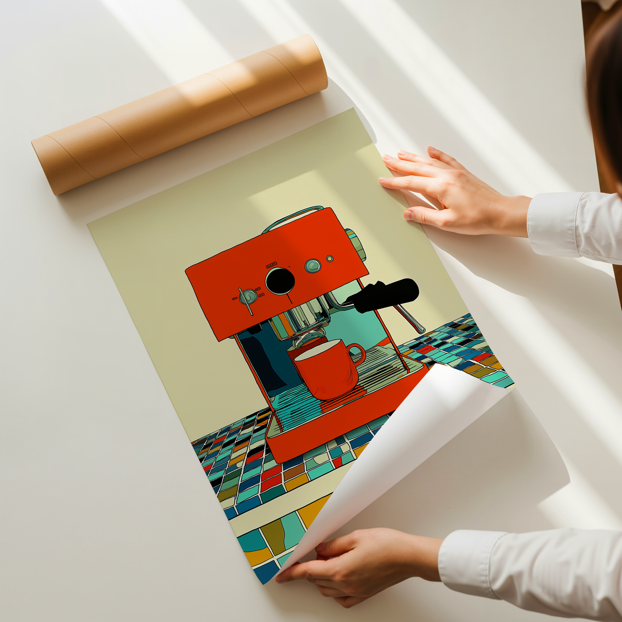 The Coffee Maker illustration wall art print showing a red espresso machine brewing coffee on a colorful tiled kitchen counter