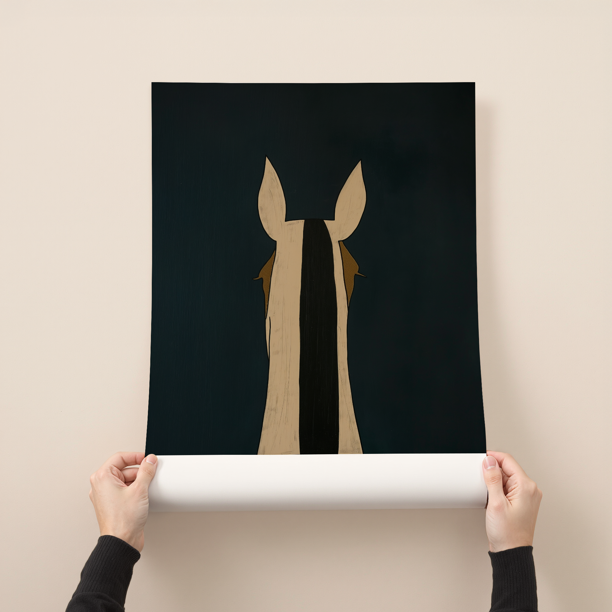 Minimalist horse silhouette art print in beige and black on a dark background with strong contrast