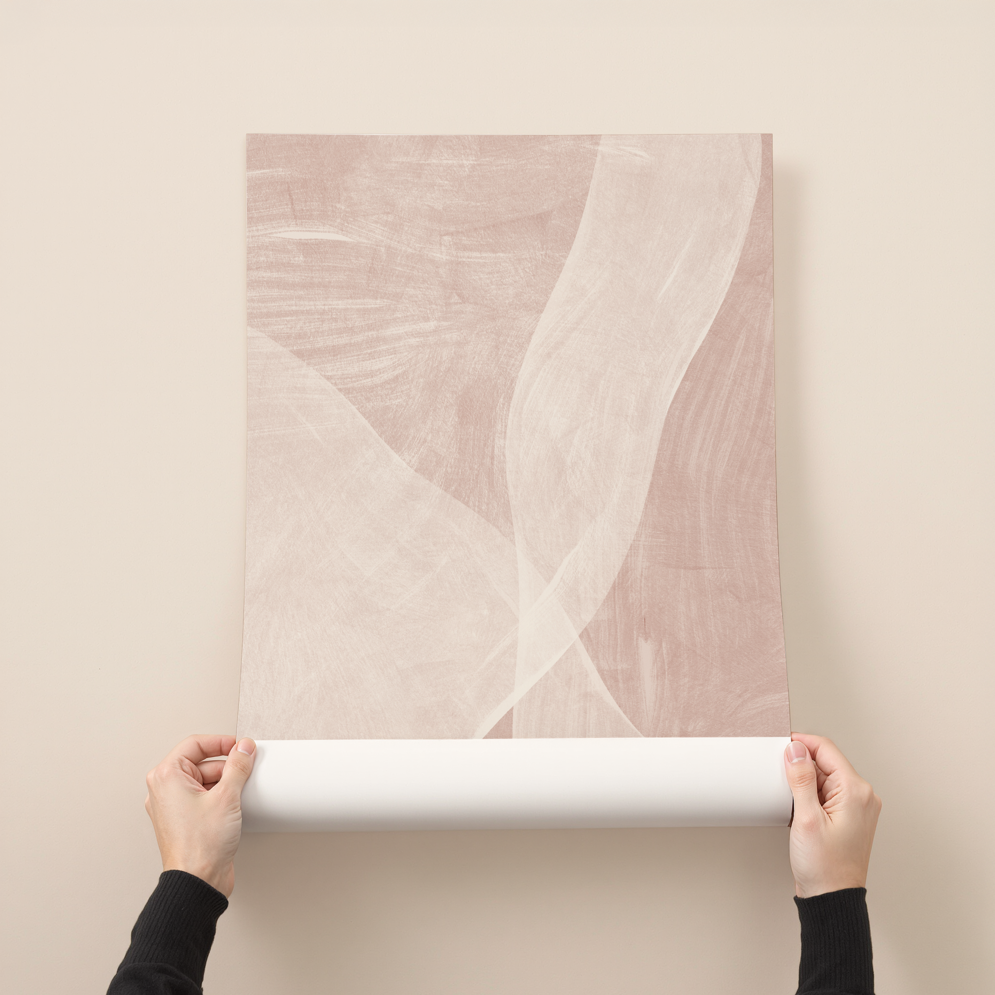 Minimalist abstract wall art print with flowing shapes and soft neutral beige and blush tones
