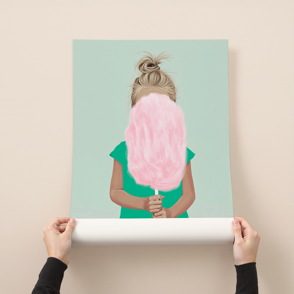 Modern figurative art print of a woman holding pink cotton candy, illustrated in soft pastel tones on a mint background.